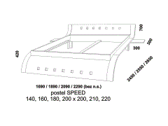 Postel Speed - rozměrový nákres. Přírodní dýha. Různé druhy dřevin. Česká výroba. Kvalitní zpracování. Noční stolky jsou součástí postele.