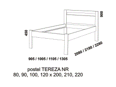 Jednopostel Tereza z masivu - rozměrový nákres. Provedení: masivní borovice. Zadní čelo rovné s otvorem. Přední čelo nízké rovné. Česká výroba.