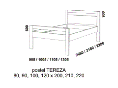 Jednopostel Tereza z masivu - rozměrový nákres. Provedení: masivní borovice. Obě čela rovná s otvorem. Vysoká kvalita. Česká výroba.