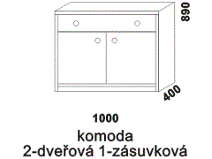 Komoda Tereza 2-dveřová 1-zásuvková - rozměrový nákres. Provedení: masivní borovice. Vysoká kvalita. Český výrobek.