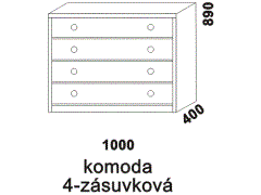 Komoda Tereza 4-zásuvková - rozměrový nákres. Provedení: masivní borovice. Vysoká kvalita. Český výrobek.