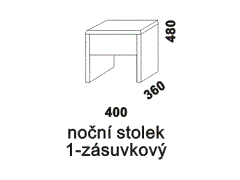 Noční stolek Tereza jednozásuvkový - rozměrový nákres. Provedení: masivní borovice. Vysoká kvalita. Český výrobek.