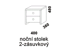 Noční stolek Tereza dvouzásuvkový - rozměrový nákres. Provedení: masivní borovice. Vysoká kvalita. Český výrobek.