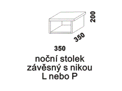 Noční stolek Tereza závěsný s nikou - rozměrový nákres. Provedení: masivní borovice. Vysoká kvalita. Český výrobek.