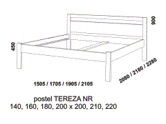 Postel Tereza z masivu - rozměrový nákres. Provedení: masivní borovice. Zadní čelo rovné s otvorem. Přední čelo nízké rovné. Česká výroba.