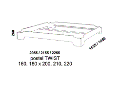 Postel Twist - rozměrový nákres. Masivní borovice. Kvalitní zpracování. Česká výroba. Různé druhy dřevin.
