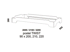 Postel Twist - rozměrový nákres. Stohovatelné jednolůžko. Masivní borovice. Kvalitní zpracování. Česká výroba. Různé druhy dřevin.