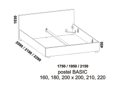 Postel Basic - rozměrový nákres. Velký výběr potahových látek. Různé varianty podnoží. Kvalitní čalouněná postel.