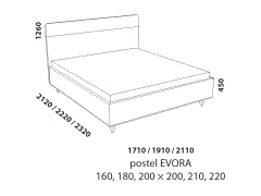 Postel Evora, čalouněná, rozměry Postel Evora – rozměrový nákres. Velký výběr potahových látek. Různé varianty podnoží. Kvalitní čalouněná postel. Česká výroba.