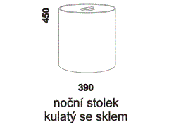 Noční stolek Pol kulatý se sklem, čalouněný - rozměrový nákres. Česká výroba. Široká nabídka potahových materiálů. Vysoká kvalita. 