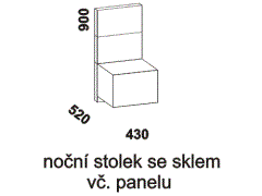 Přídavný noční stolek se sklem k posteli, včetně panelu - rozměrový nákres. Šíře noční stolku 43 cm. Široká nabídka potahových látek. Česká výroba. 