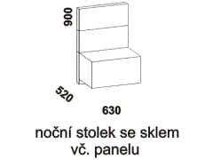 Přídavný noční stolek se sklem k posteli, včetně panelu - rozměrový nákres. Šířka noční stolku 63 cm. Široký výběr potahových látek. Česká výroba.