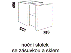 Noční stolek Pol se zásuvkou a sklem, čalouněný - rozměrový nákres. Český výrobek. Široká nabídka potahových materiálů. Vysoká kvalita.