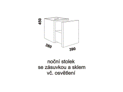 Noční stolek Pol se zásuvkou a sklem, čalouněný - rozměrový nákres. Stolek je včetně osvětlení. Široká nabídka potahových materiálů. Vysoká kvalita. 