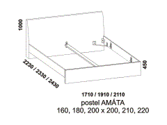Postel Amáta - rozměrový nákres. Kvalitní čalouněná postel se zkoseným čelem. Široký výběr potahových látek. Česká výroba. 