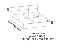 Postel Dafné - rozměrový nákres. Velký výběr potahových látek. Různé varianty podnoží. Součástí postele mohou být i čalouněné noční stolky. Vysoká kvalita. 
