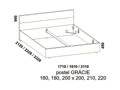 Postel Grácie - rozměrový nákres. Vysoká kvalita. Široká nabídka potahových látek. Různé druhy podnoží. Součástí postele mohou být i čalouněné noční stolky. 