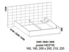 Postel Hestie - rozměrový nákres. Vysoká kvalita. Velký výběr potahových látek. Různé druhy podnoží. České kvalitní postele.