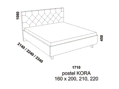 Postel Kora, čalouněná - rozměrový nákres. Zadní čelo postele je ozdobené očalouněnými knoflíky. Široký výběr potahových materiálů. Různé druhy podnoží.