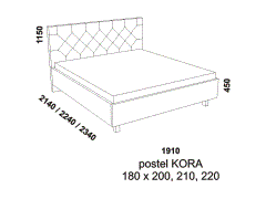 Postel Kora, čalouněná - rozměrový nákres. Zadní čelo postele je ozdobené očalouněnými knoflíky. Velký výběr potahových materiálů. Různé druhy podnoží.