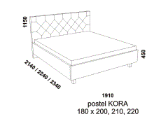 Postel Kora, čalouněná - rozměrový nákres. Zadní čelo postele je ozdobené očalouněnými knoflíky. Velký výběr potahových materiálů. Různé druhy podnoží. 