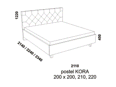 Postel Kora, čalouněná - rozměrový nákres. Zadní čelo postele je ozdobené očalouněnými knoflíky. Široká nabídka potahových materiálů. Různé druhy podnoží. 