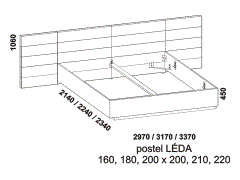 Postel Léda - rozměrový nákres. Česká výroba. Velká nabídka potahových materiálů. Různé druhy podnoží. Kvalitní čalouněná postel. 