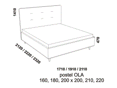 Postel Ola - rozměrový nákres. Česká výroba. Široký výběr potahových materiálů. Různé druhy podnoží. Kvalitní čalouněná postel. 