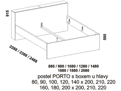 Postel Porto, lamino. Plné čelo. Praktický úložný prostor u zadního čela. Více barevných dezénů. Rozměrový nákres. 