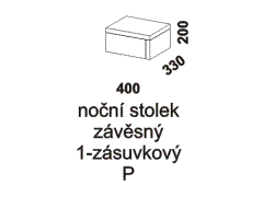 Noční stolek závěsný se zásuvkou Trento, pravý. Česká kvalitní výroba. Více barevných dezénů. Rozměrový nákres.