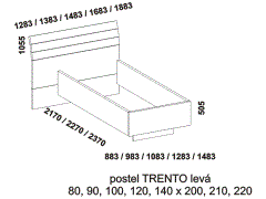 Postel Trento, lamino. Přesah zadního čela na levé straně. Česká výroba. Více barevných dezénů. Rozměrový nákres. 