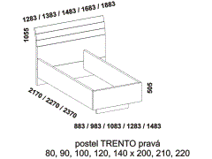 Postel Trento, lamino. Přesah zadního čela na pravé straně. Česká výroba. Více barevných dezénů. Rozměrový nákres. 