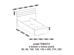 Postel Trento, lamino. Úložný prostor v předním čele. Přesah zadního čela na pravé straně. Česká výroba. Více barevných dezénů. Rozměrový nákres. 