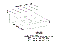 Postel Trento, lamino. Úložný prostor v předním čele. Přesah zadního čela na obou stranách. Česká výroba. Více barevných dezénů. Rozměrový nákres. 