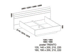 Postel Trento, lamino. Přesah zadního čela na obou stranách postele. Česká výroba. Více barevných dezénů. Rozměrový nákres. 
