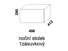 Noční stolek Fly 1-zásuvkový - rozměrový nákres. Masivní provedení. Více barevných odstínů. Díky push systému lze zásuvku otevřít pouhým stlačením.