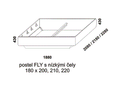 Postel Fly z masivu - rozměrový nákres. S nízkými čely. Provedení: masivní buk. Více barevných odstínů. Česká výroba.