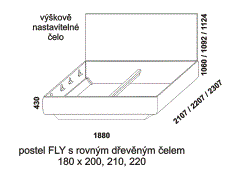 Postel Fly z masivu - rozměrový nákres. S rovným dřevěným čelem. Provedení: masivní buk. Více barevných odstínů. Česká výroba.