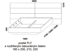 Postel Fly z masivu - rozměrový nákres. S rozšířeným čalouněným čelem. Provedení: masivní buk. Více barevných odstínů. Česká výroba.