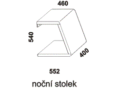 Noční stolek Solo - rozměrový nákres. Masivní dub. Více barevných odstínů. Stolek lze posouvat po rámu postele.