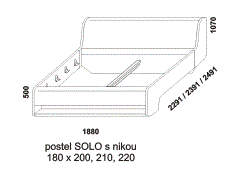 Postel Solo z masivu – rozměrový nákres. S nikou. Provedení: masivní dub. Více barevných odstínů. Česká výroba.