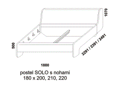 Postel Solo z masivu – rozměrový nákres. S nohami. Provedení: masivní dub. Více barevných odstínů. Česká výroba.