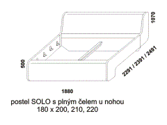 Postel Solo z masivu - rozměrový nákres. S plným čelem u nohou. Provedení: masivní dub. Více barevných odstínů. Česká výroba.