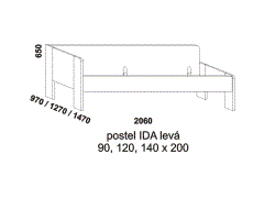 Jednolůžko Ida – rozměrový nákres. Vyšší čelo vlevo. Zvýšené čelo na bočnici. Masivní jádrový buk. Vysoká kvalita.