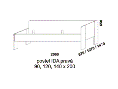 Jednolůžko Ida – rozměrový nákres. Vyšší čelo vpravo. Zvýšené čelo na bočnici. Masivní jádrový buk. Vysoká kvalita.