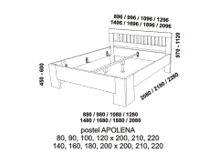 Postel Apolena z masivu - rozměrový nákres. Provedení: masivní buk. Více barevných odstínů. Český výrobek.