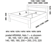 Postel Ariana z masivu - rozměrový nákres. Čelo s otvorem. Tloušťka rámu 33 mm. Provedení: masivní buk. Více barevných odstínů. Český výrobek.
