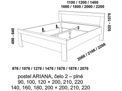 Postel Ariana z masivu - rozměrový nákres. Čelo plné. Tloušťka rámu 33 mm. Provedení: masivní buk. Více barevných odstínů. Česká kvalitní postel.