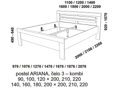 Postel Ariana z masivu - rozměrový nákres. Čelo kombi. Tloušťka rámu 33 mm. Provedení: masivní buk. Více barevných odstínů. Vysoká kvalita.