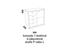 Komoda Athena 1-dveřová 4-zásuvková - rozměrový nákres. Vhodná do ložnice. Provedení: masivní buk. Český výrobek. Vysoká kvalita. 